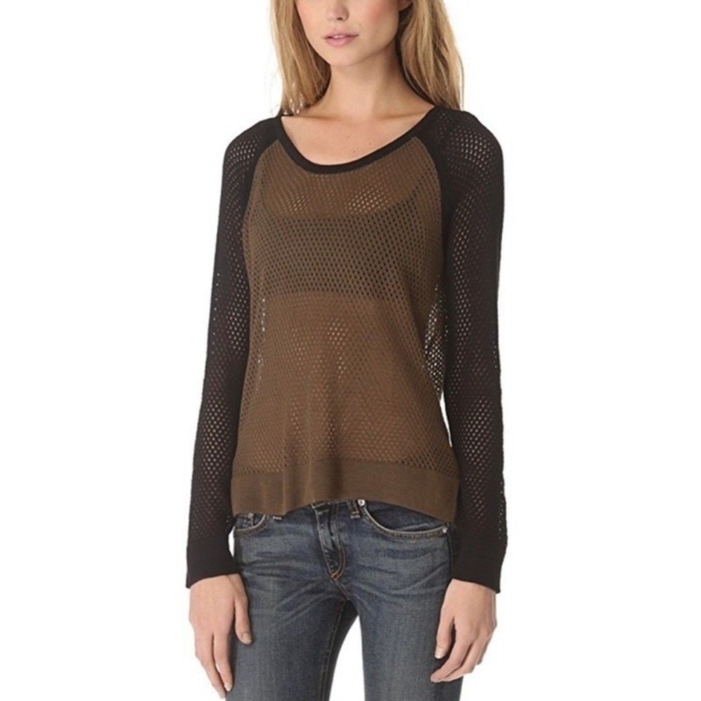 Rag & Bone Genevieve‎ Colorblock Mesh Sweater M Brown Black Open Knit Viscose